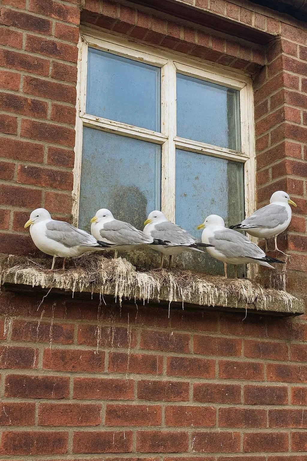 Five seagulls perched on a weathered ledge in front of a dirty, multi-pane window set in a brick wall.