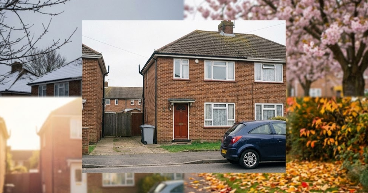Seasonal pest collage with a brick semi detached house, showing spring, summer, autumn and winter scenes.