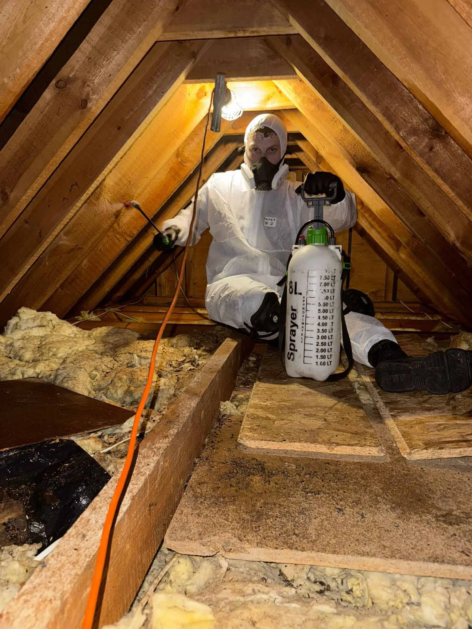 Insecticide, insect spray, pestcide, applied by a pest controller in a white suit in a loft in essex