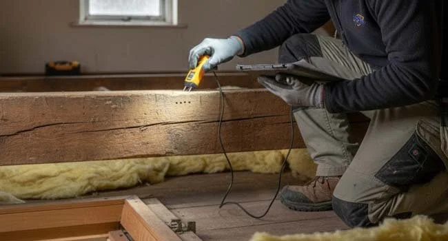 Woodworm specialist checks a loft beam during a survey, confirming if it is active before buying a house with woodworm.