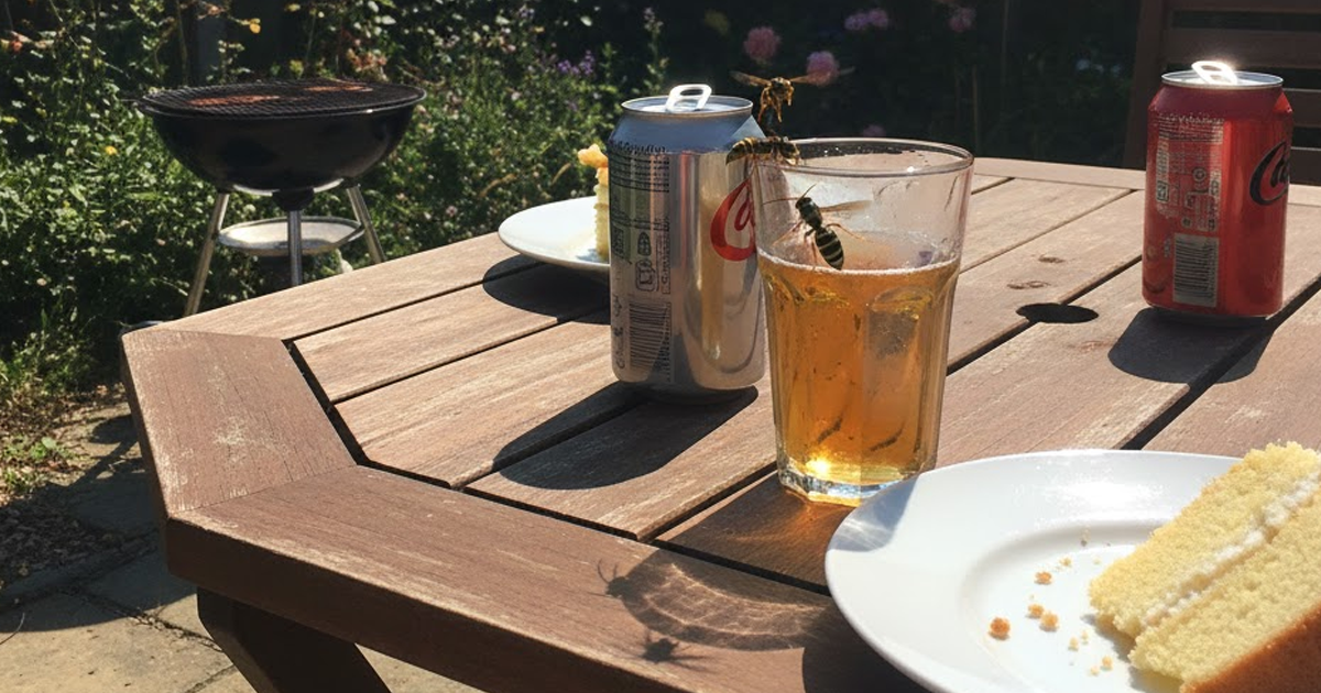 Wasp on a glass of fizzy drink on a garden table beside a BBQ and cake.