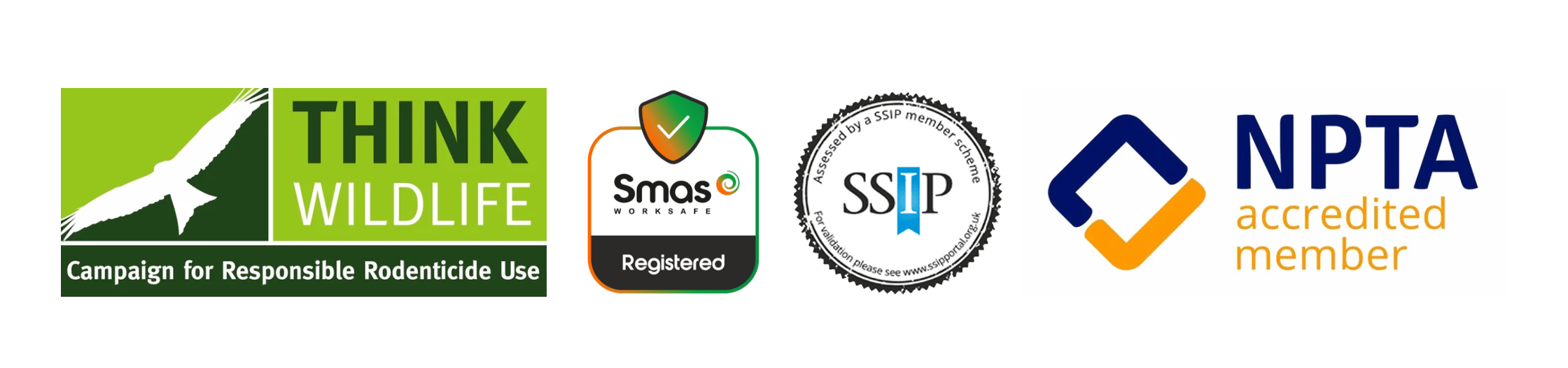 Accreditation and award badges shown on the Beeyond Pest Control website, including NPTA, SSIP, SMAS Worksafe, Think Wildlife, and Quality Business Awards 2025 winner