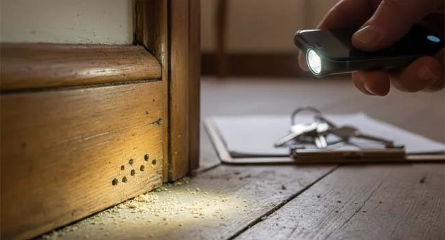 Torch highlights woodworm exit holes and dust on a skirting board, helping answer should I buy a house with woodworm.
