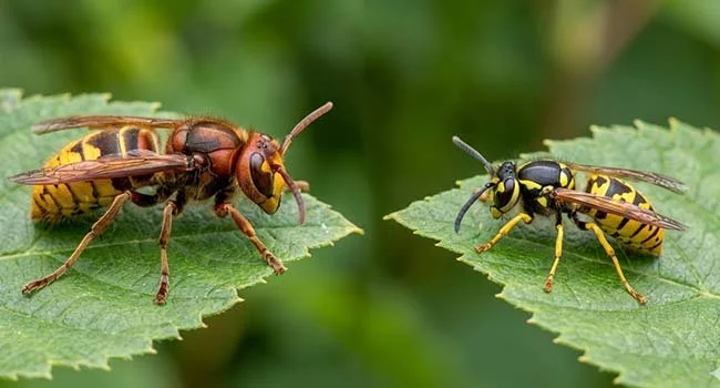 European hornet and common wasp shown side by side for identification
