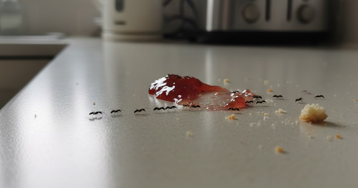Ants marching across a kitchen worktop towards spilled jam and crumbs.