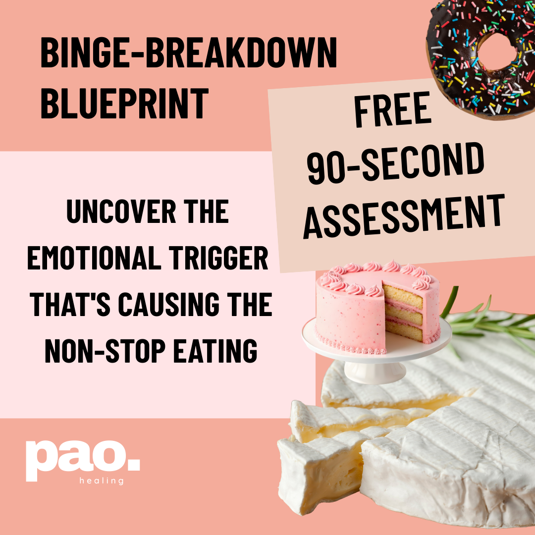 A colorful promotional graphic for a binge-breakdown blueprint. It features a partially cut pink cake, a whole chocolate donut with sprinkles, and a wheel of brie cheese. The text mentions a free 90-second assessment to uncover emotional triggers causing non-stop eating, with branding from 'pao. healing'.