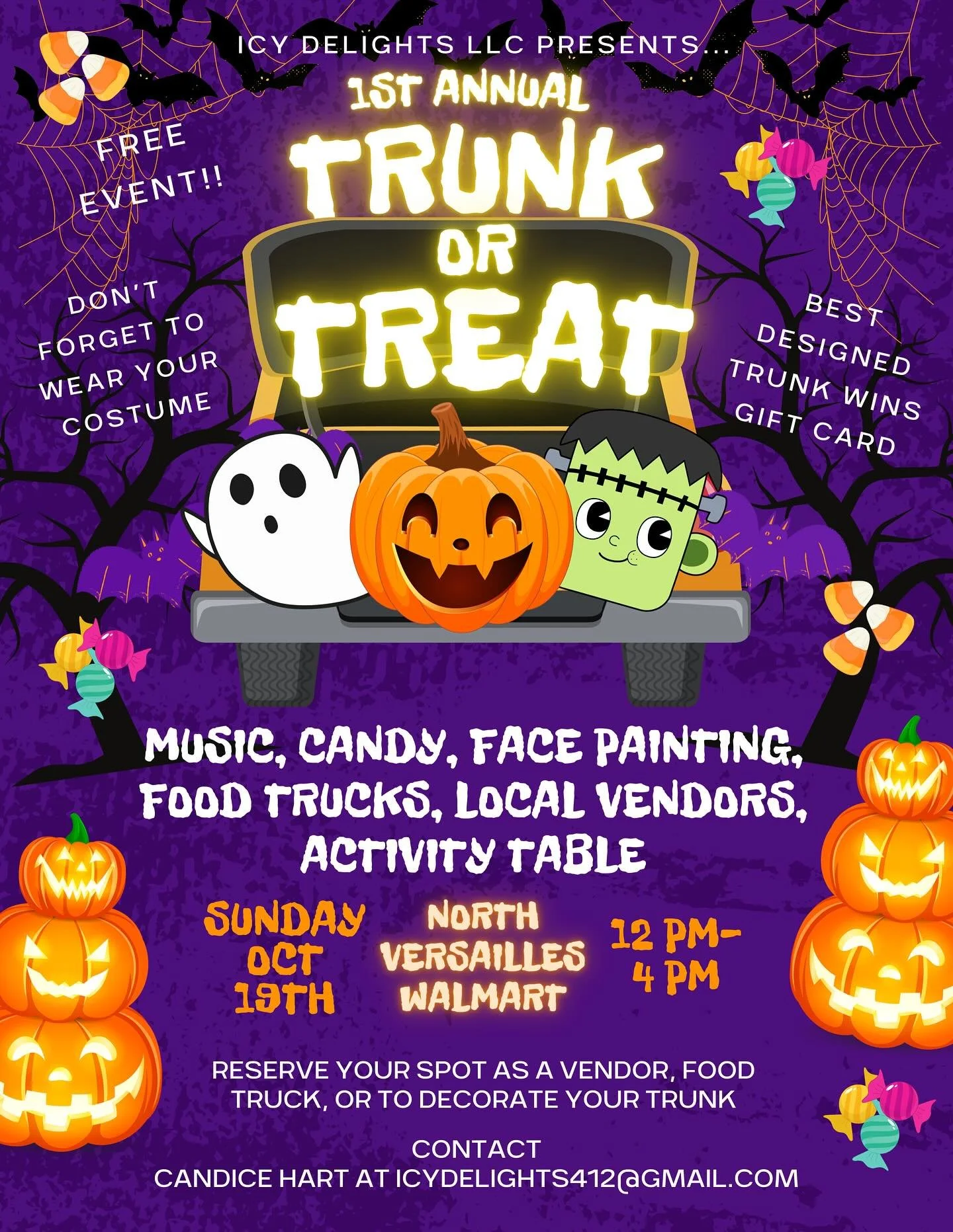 Come join us for our 1st Annual Trunk or Treat at the North Versailles Walmart, Sunday October 19, 2025 from 12p-4p. This is a FREE event to the community!

There will be Music, Candy, Kids Activities, Local Vendors and Food. Don&rsquo;t forget your 