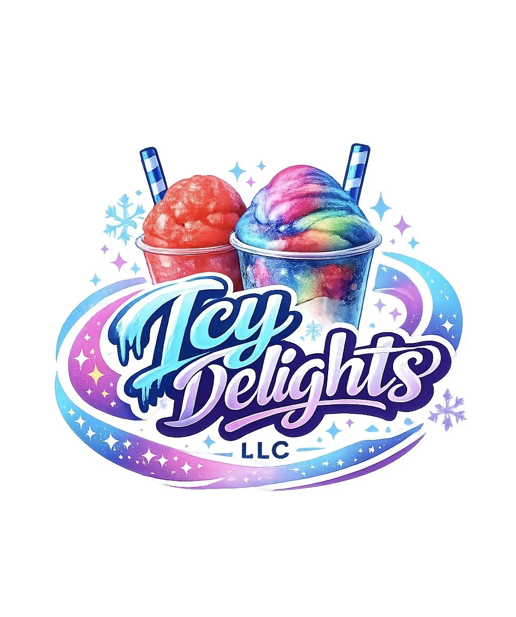 Colorful logo for Icy Delights LLC featuring two Philly water ice cups with striped straws, surrounded by snowflakes and sparkles, with the company name in stylized lettering.