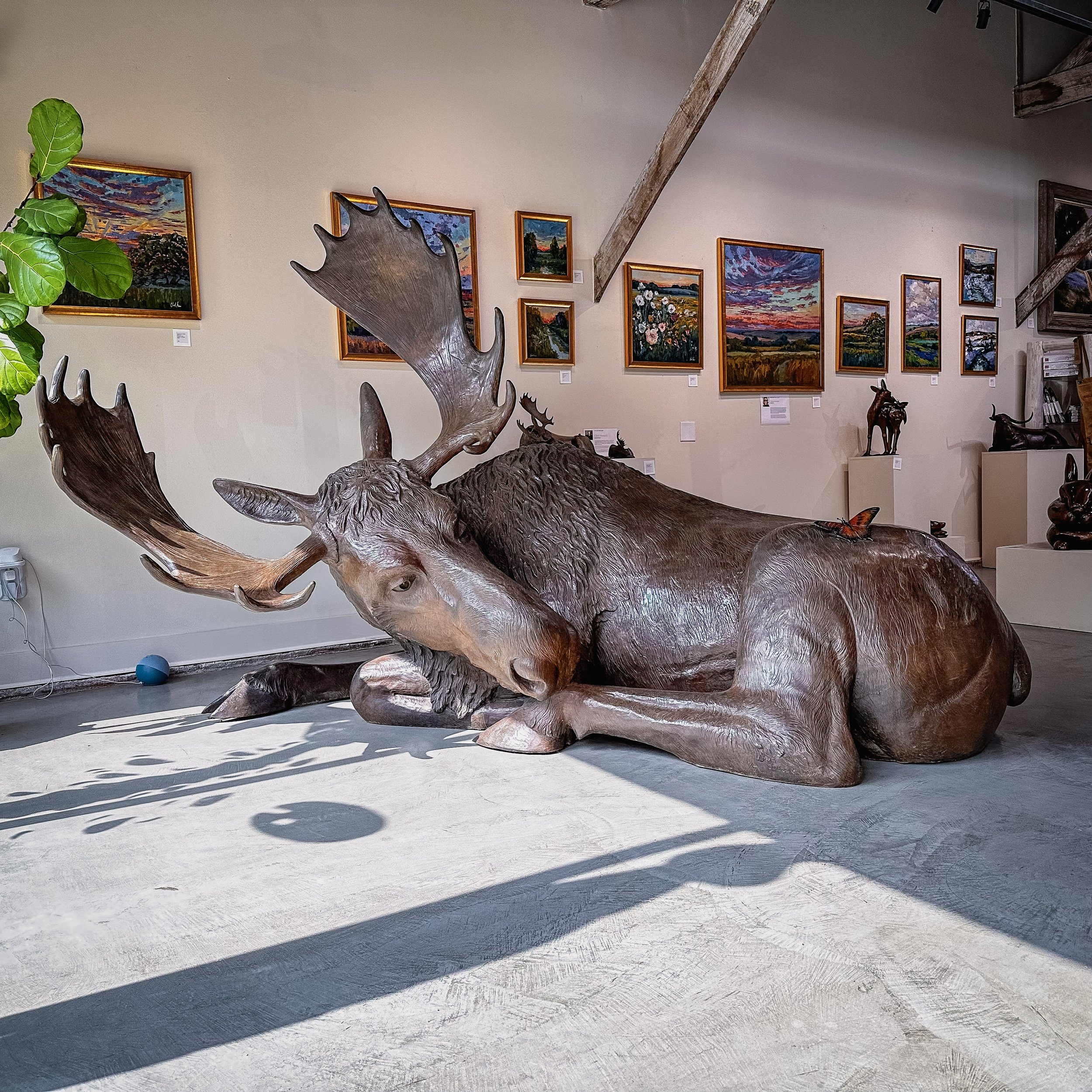 High ceilings and open spaces allow for life size statement pieces to be displayed. The natural concrete floors compliment textures seen throughout the space.