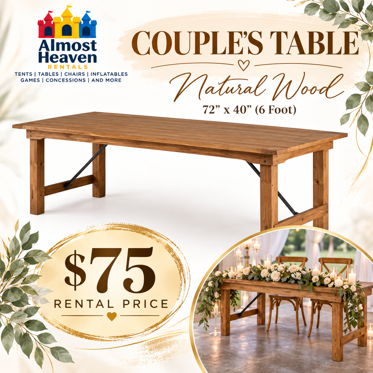 6' Natural Wood Farm Table