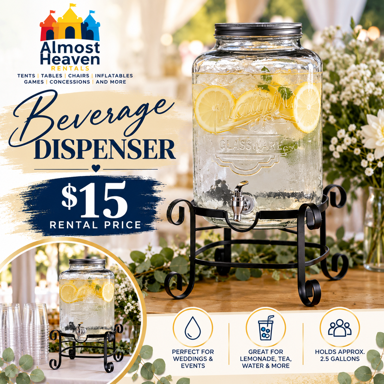 Drink Dispenser w/ 3-Gallon Capacity Glass Jug