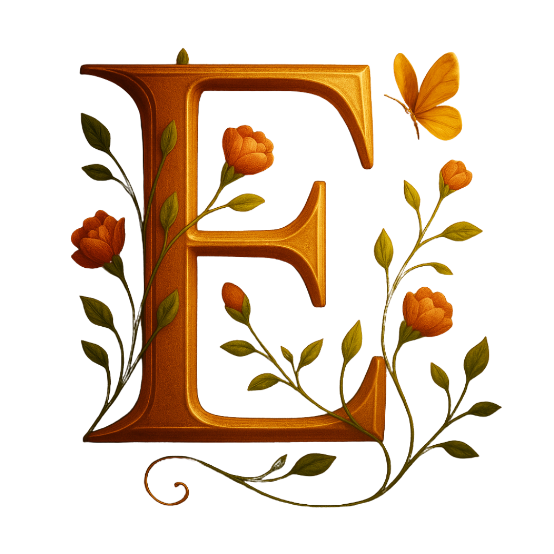 Lettre 'E' en or ornée de fleurs orange et de papillons vert et orange.