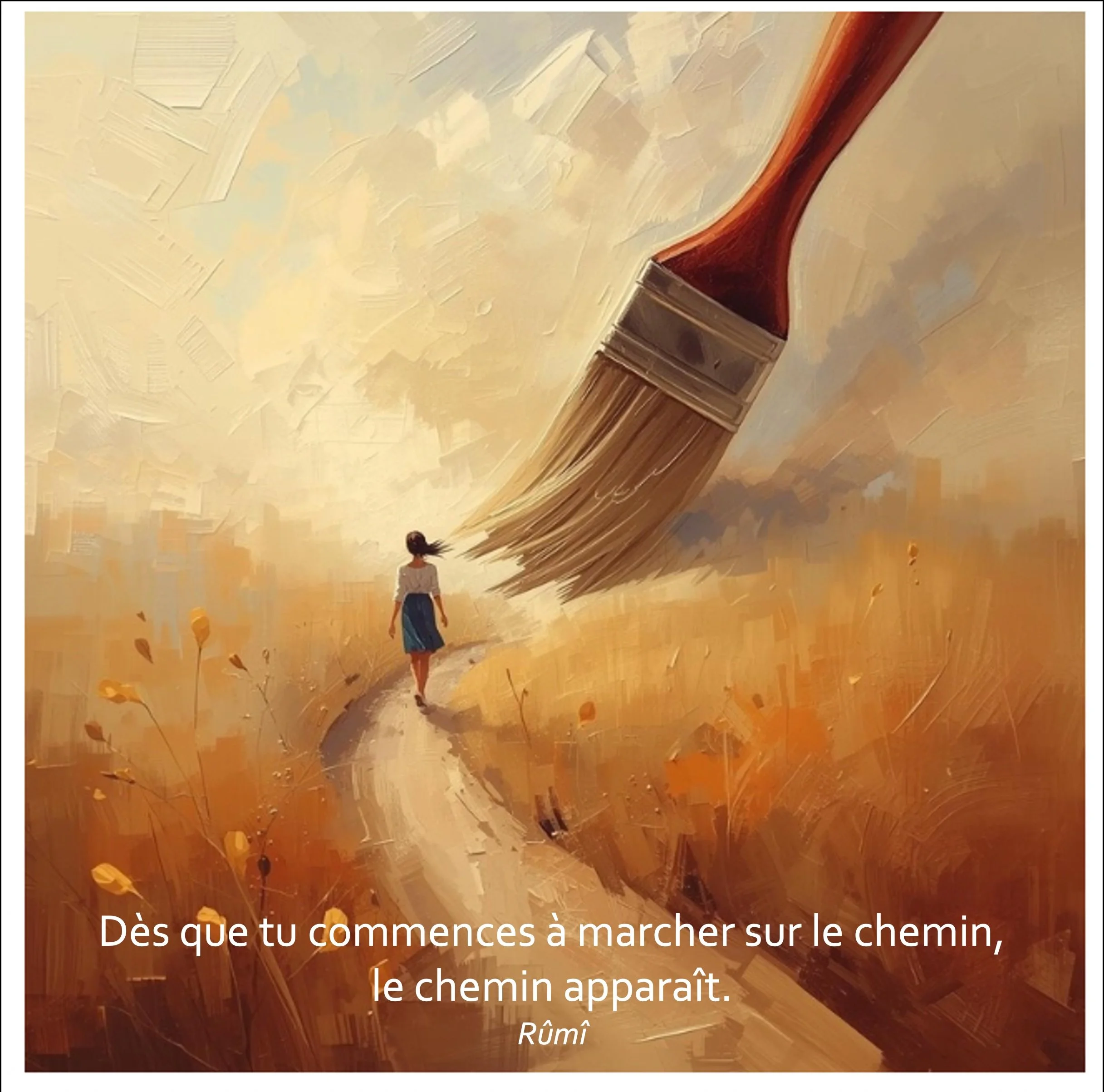 Un chemin se dessine au pinceau au fur et à mesure qu'une femme avance dessus