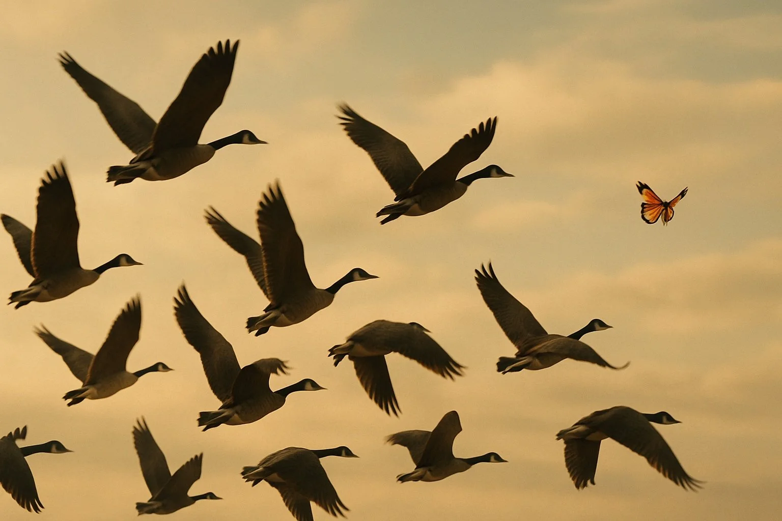 Groupe d'oies volant dans le ciel au coucher du soleil avec un papillon volant à proximité.