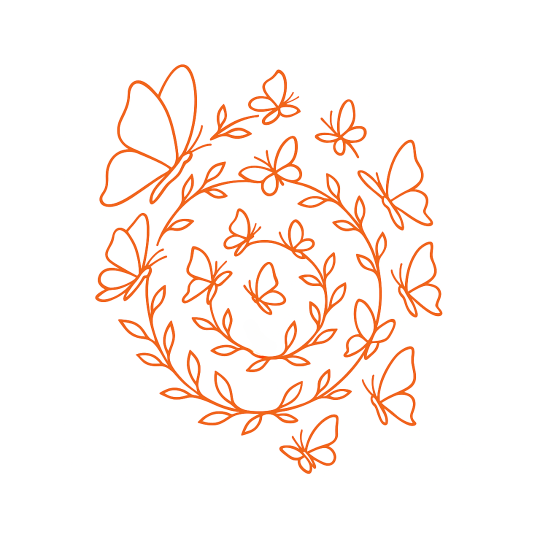 Un cercle de feuilles ou de papillons disposés en spirale douce, chacun orienté légèrement différemment mais contribuant à une forme commune, vivante et harmonieuse.
