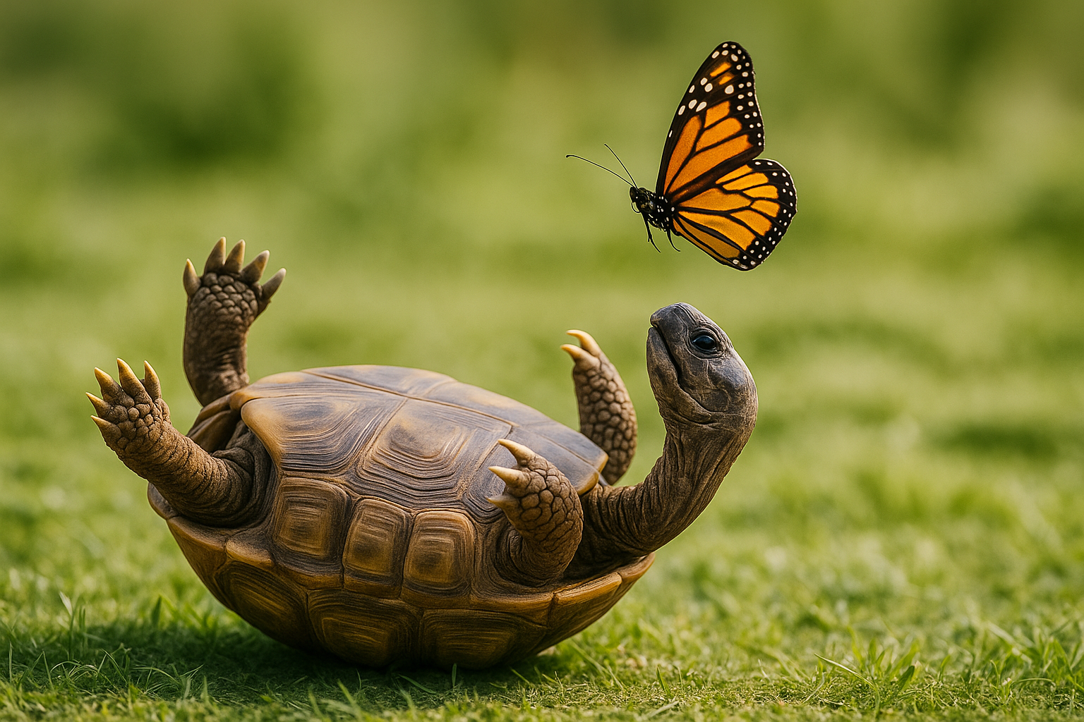 Une tortue terrestre sur de l'herbe verte bloquer sur le dos et un papillon monarque vole au-dessus d'elle.