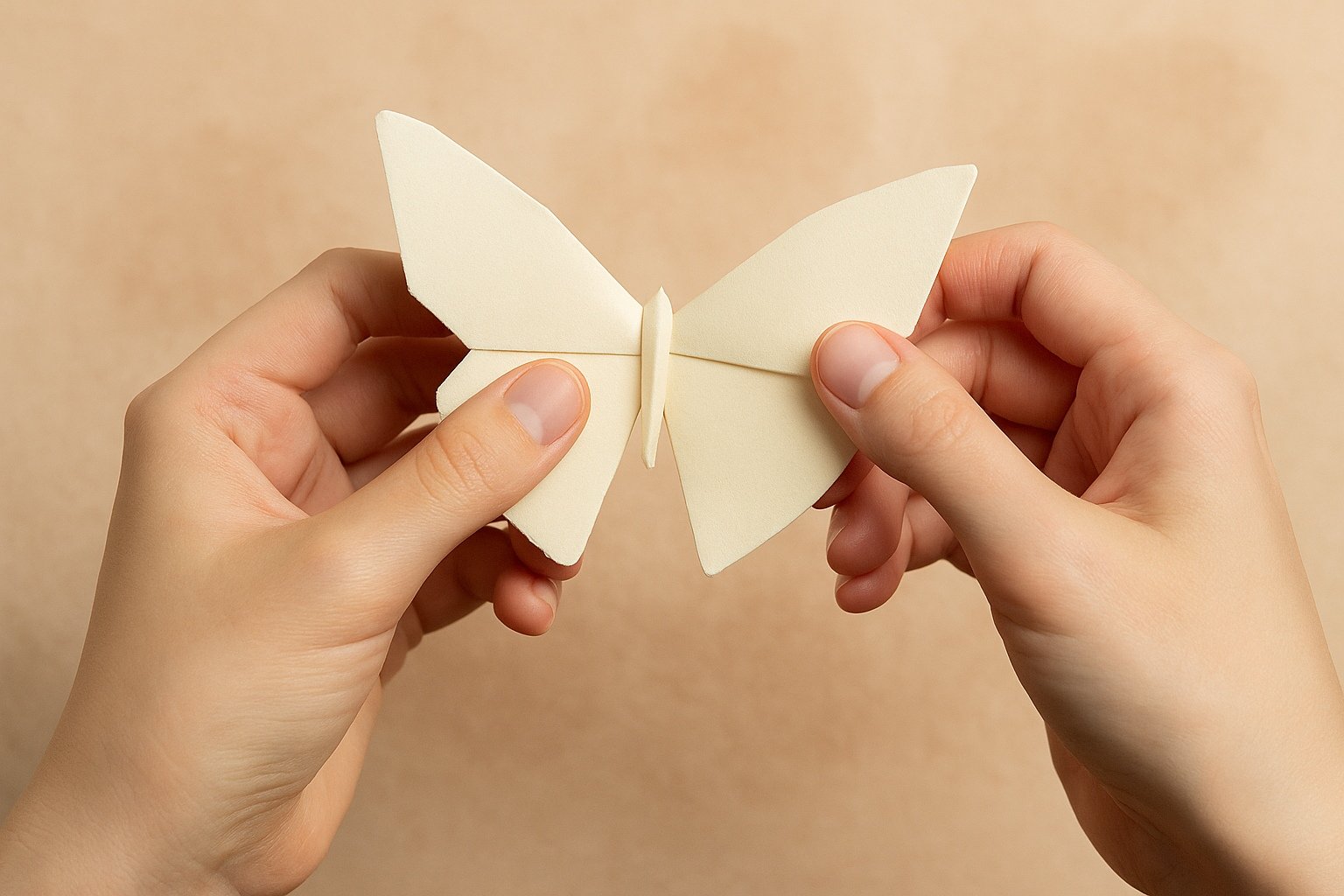Deux mains tiennent un origami de papillon en papier blanc