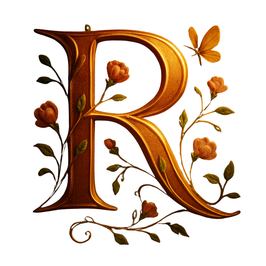 Lettre R en or ornée de fleurs et de papillons