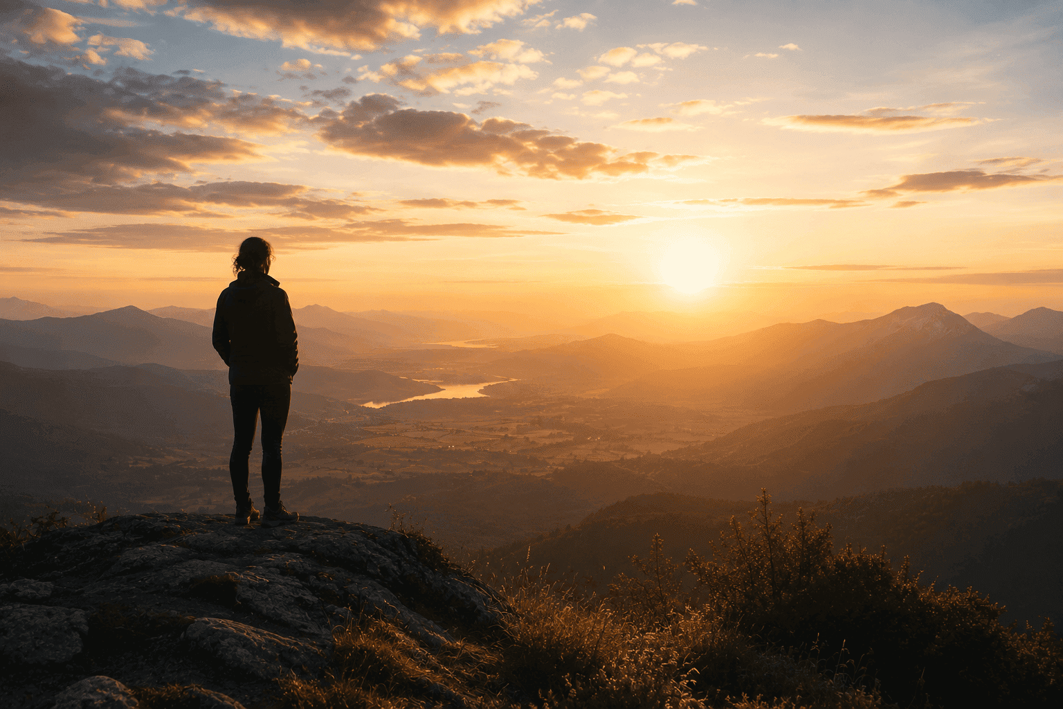 Personne seule au sommet d’une falaise regardant l’horizon, symbole de vision et de leadership.