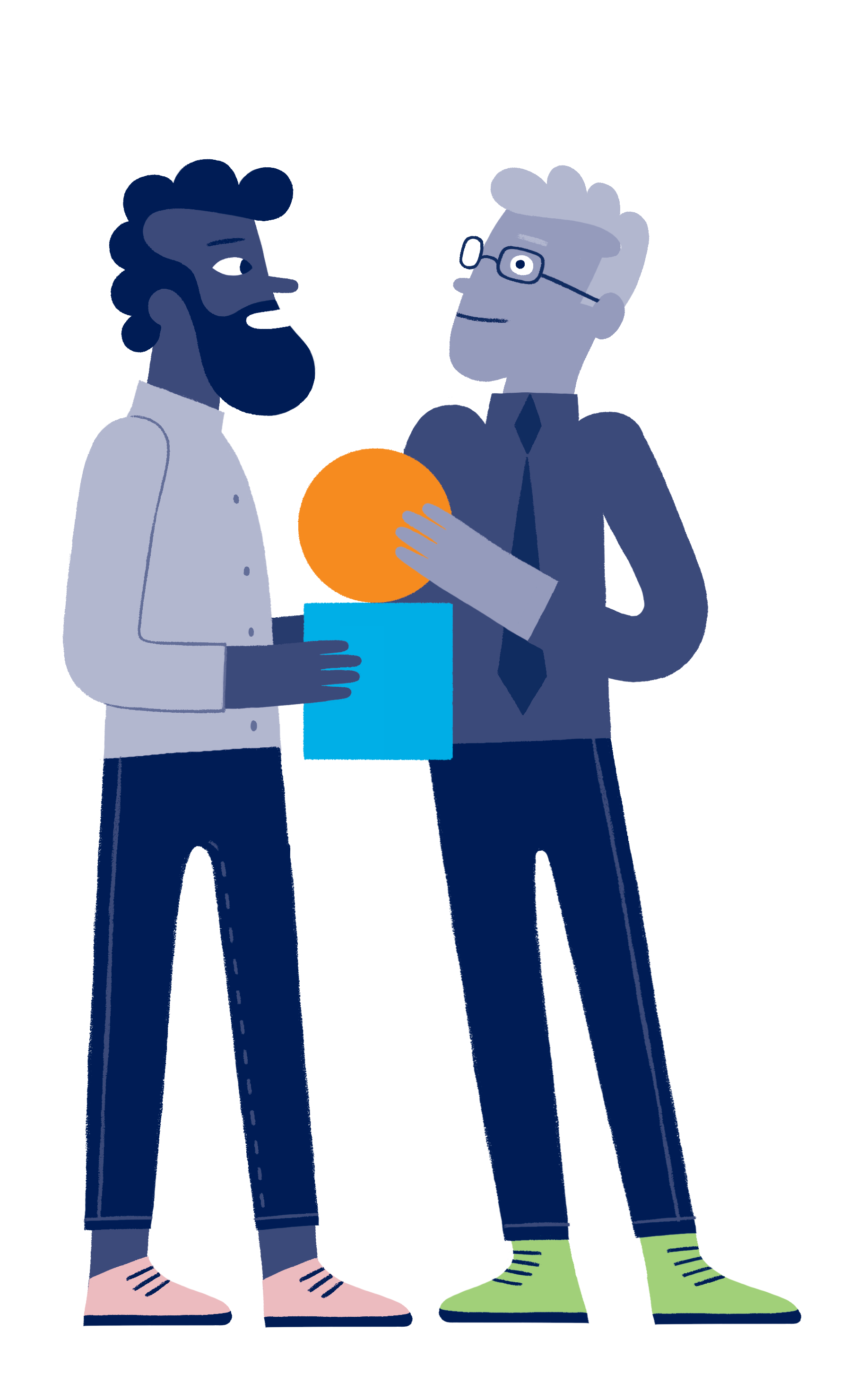 Deux personnes en costume, échangeant un objet orange, dans un style illustratif abstrait.