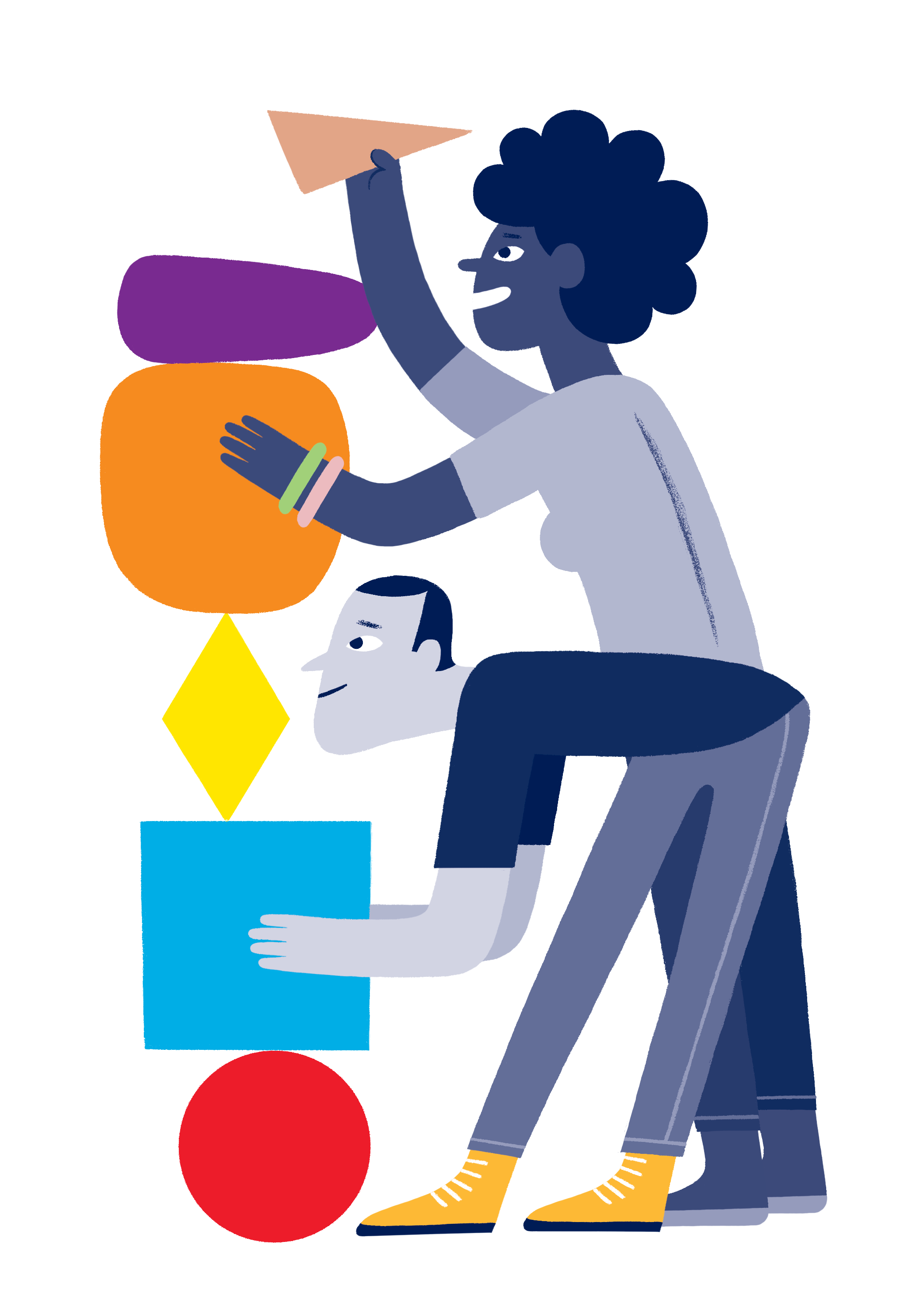 Une illustration stylisée de quatre personnes assises côte à côte, chaque personne avec une couleur différente de vêtements et de cheveux.