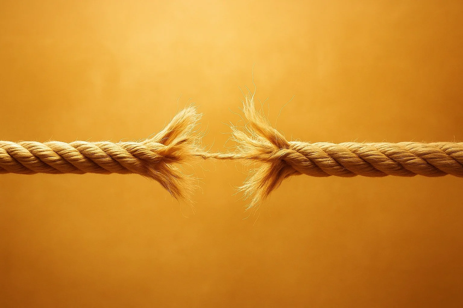 Une corde de fibre naturelle avec une entaille au centre, contre un fond de couleur orange.