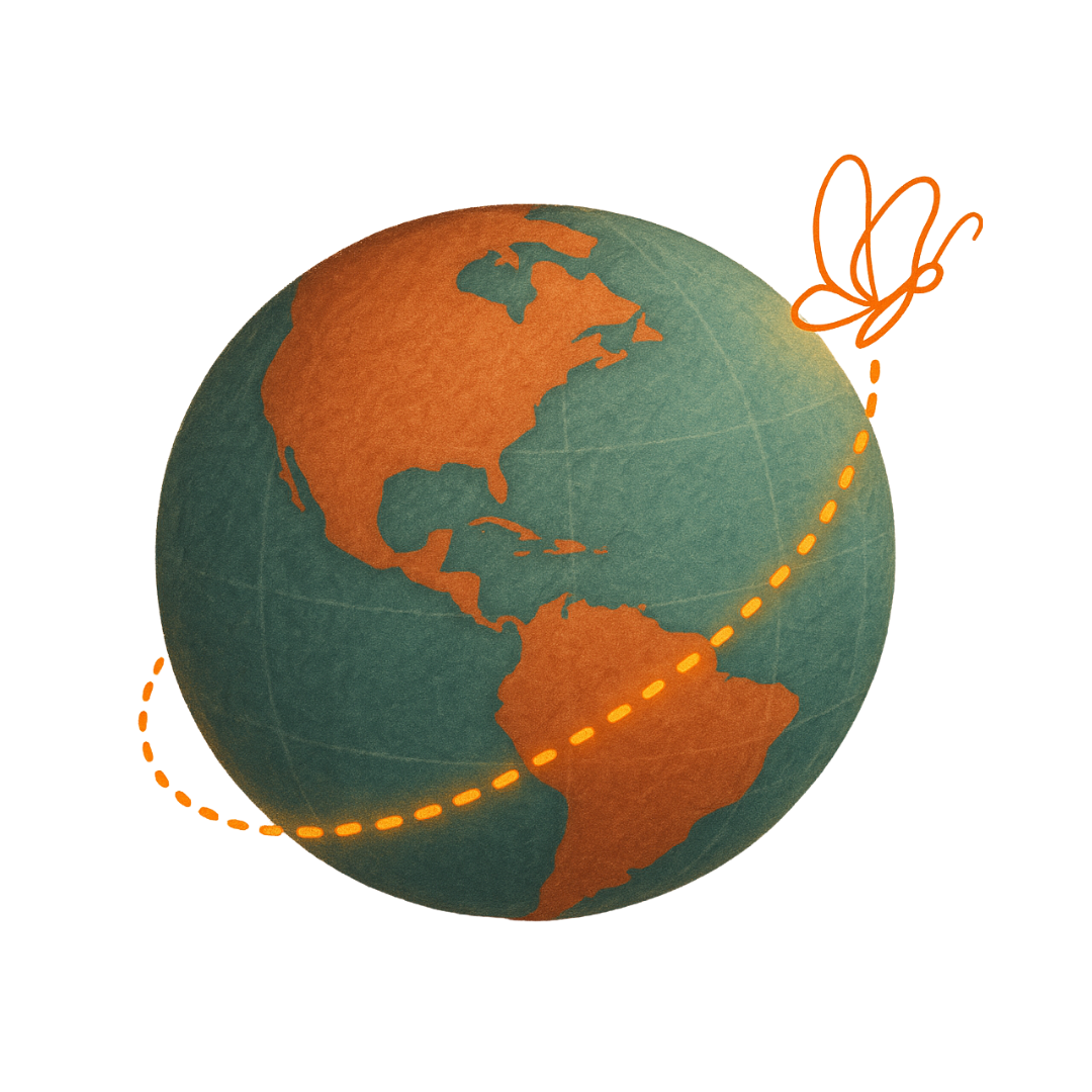 Globe représentant les Amériques avec une illustration d'une papillon orange à côté, indiquant un voyage ou la migration.