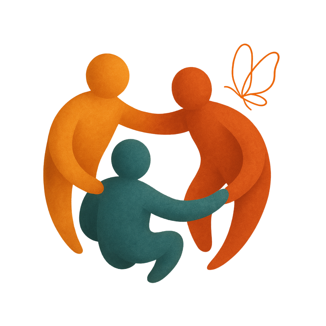 Illustration de trois figures stylisées et des ailes de papillon, symbolisant la famille ou la communauté, avec des couleurs chaudes et un papillon orange.