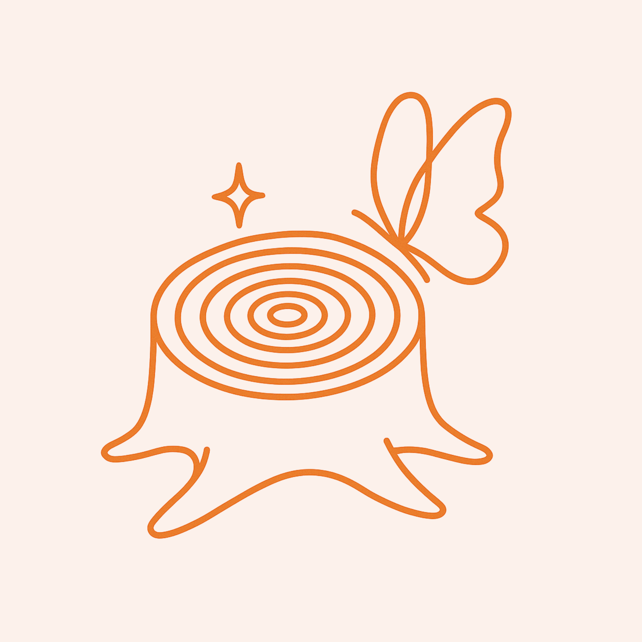 Illustration simple d'une coupe d'arbre avec un tronc, des cercles concentriques représentant une coupe transversale et une petite étoile scintillante à côté.