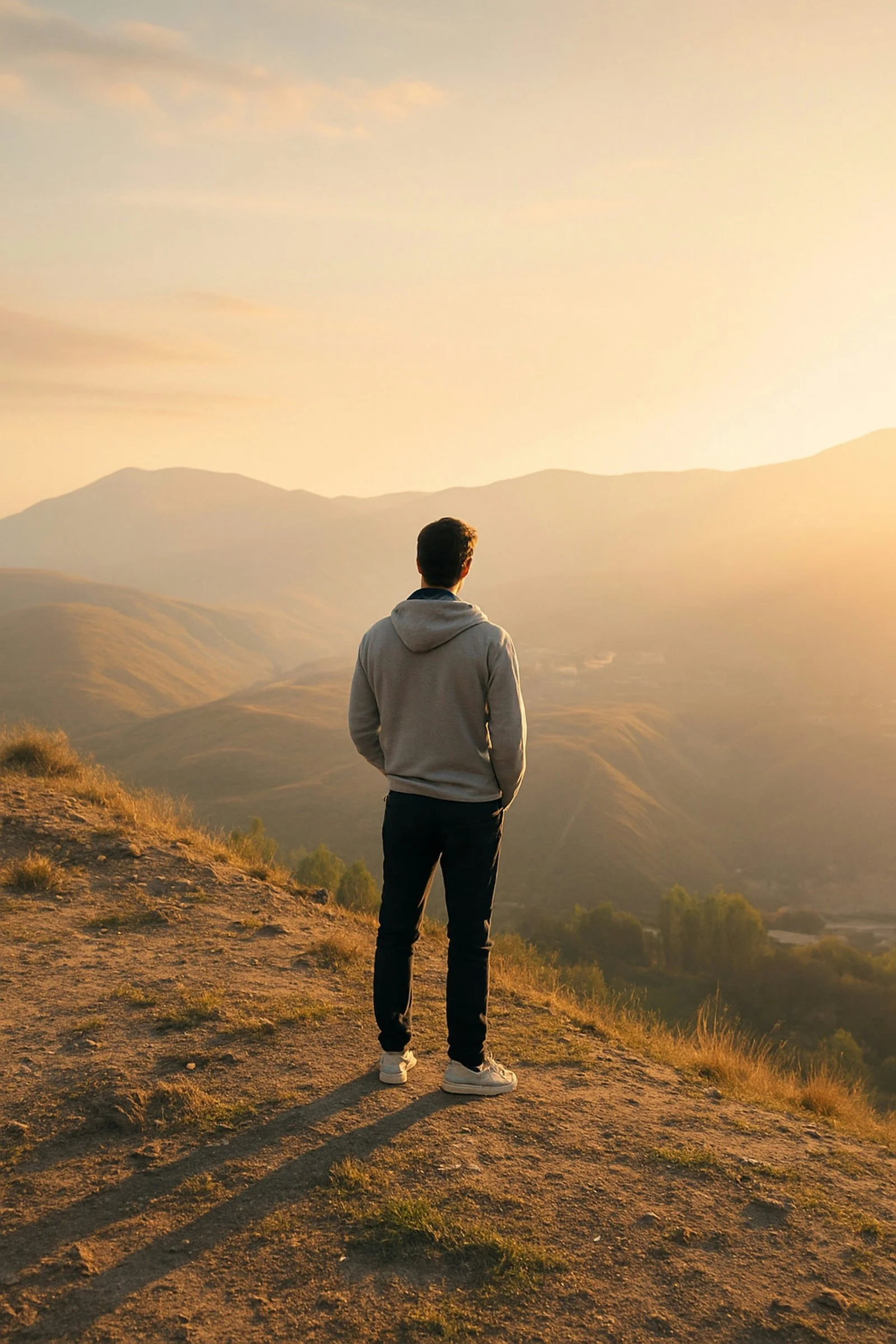 Un homme regarde au loin vers des montagnes