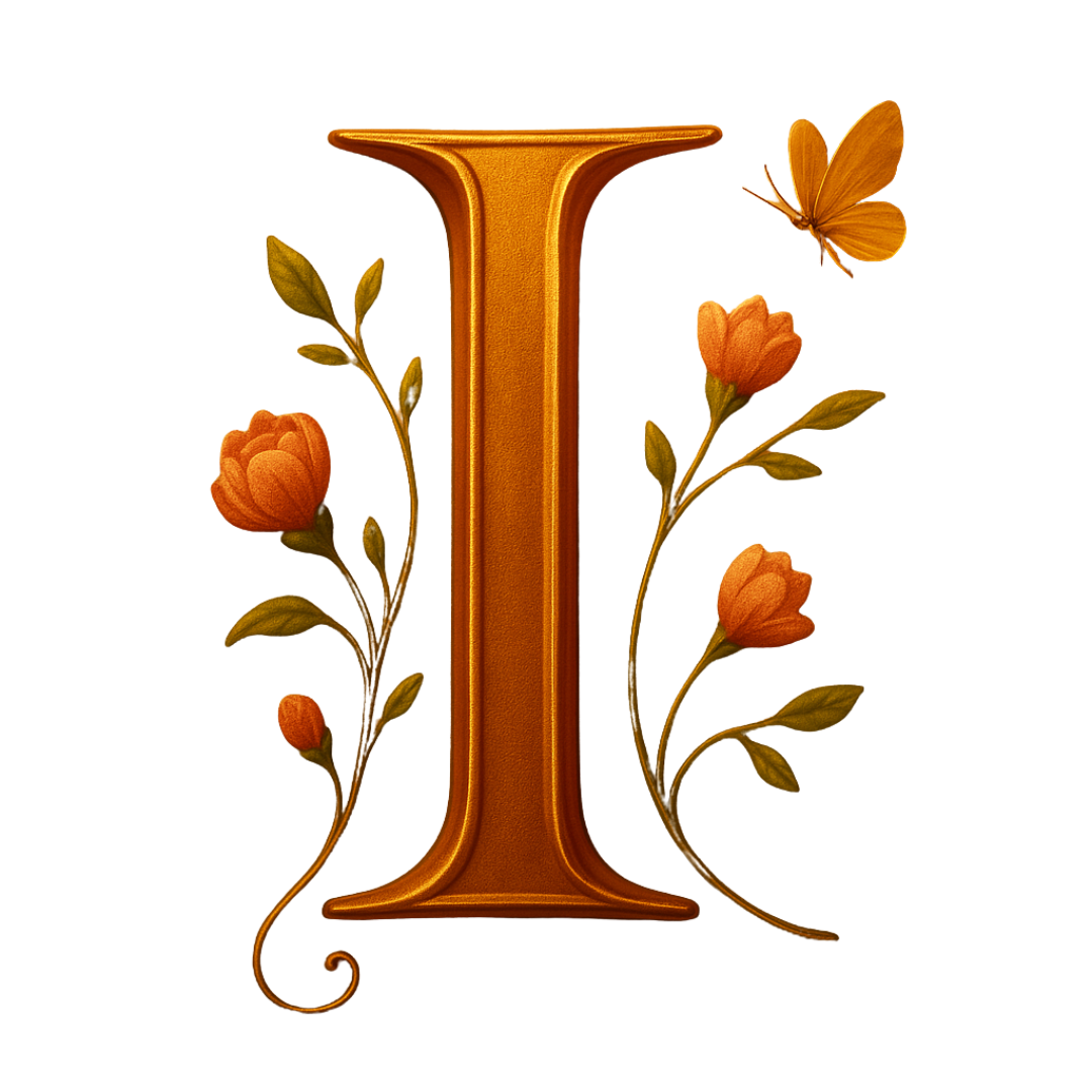 Lettre 'L' en or ornée de fleurs orange et d'un papillon orange.