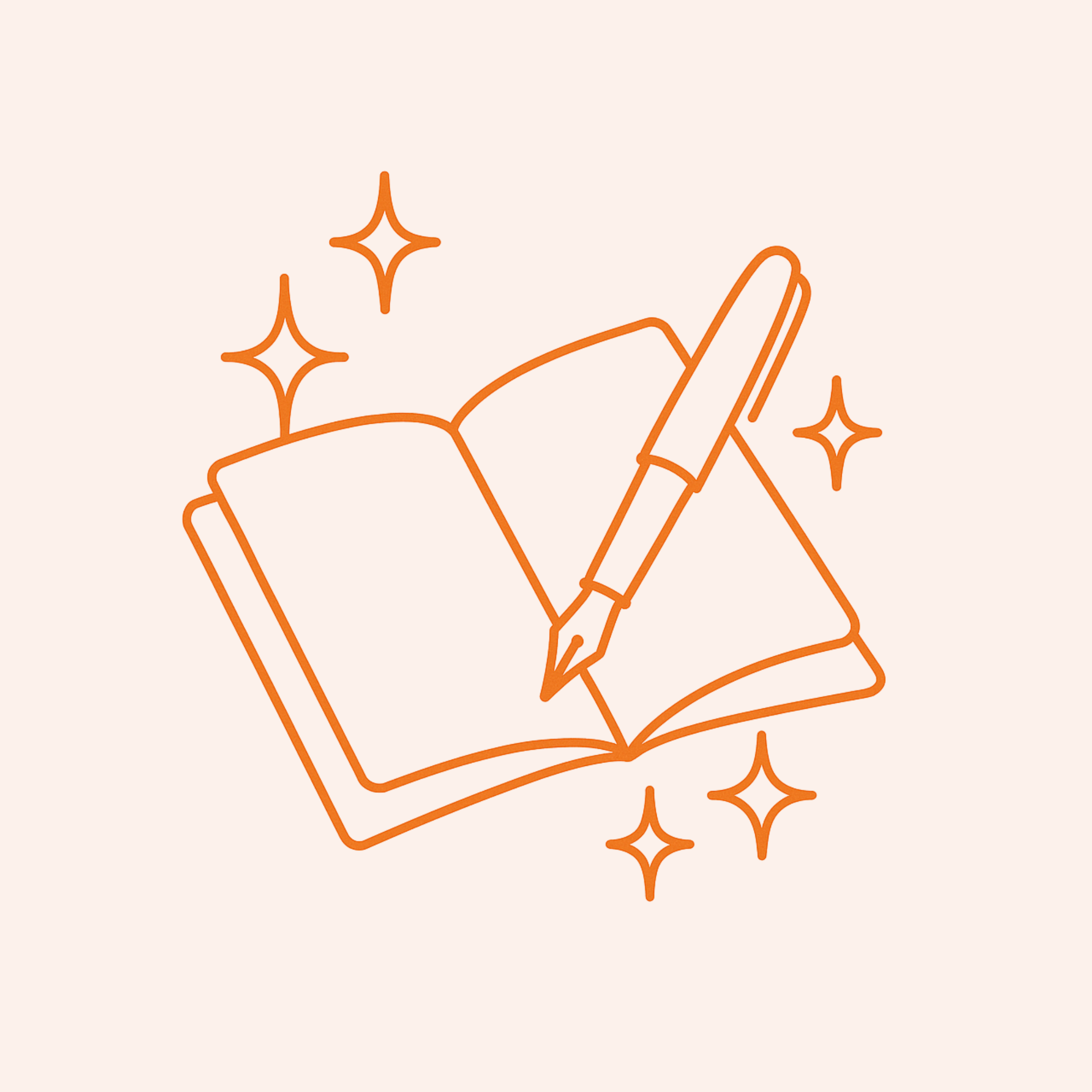 Un carnet ouvert avec un stylo posé dessus, entouré d'étoiles brillantes, illustré en ligne orange.
