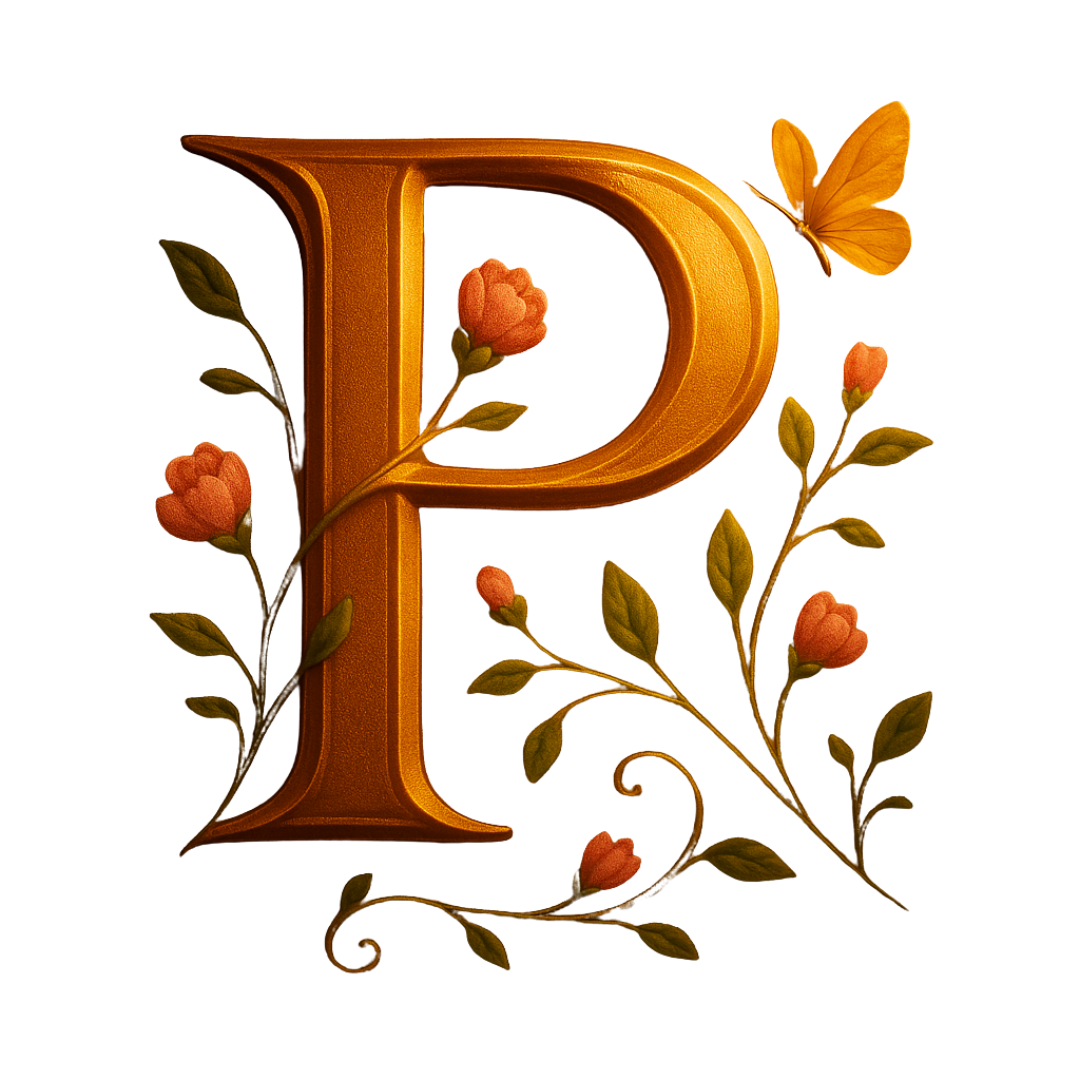 Lettre 'P' en or avec des fleurs roses et un papillon jaune