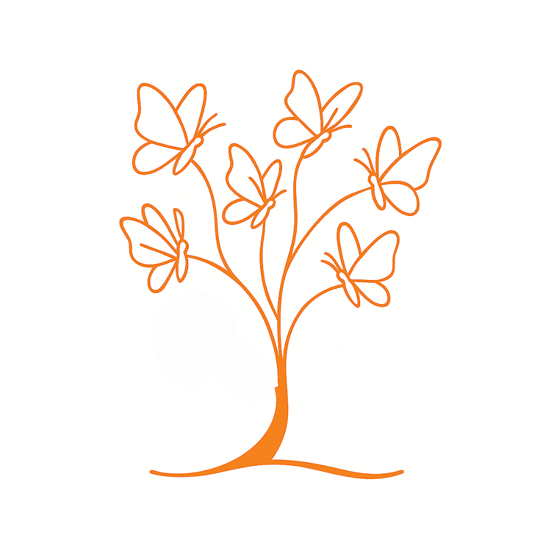 Illustration d'un arbre stylisé avec des branches en forme de lignes orange, des papillons en ligne orange.