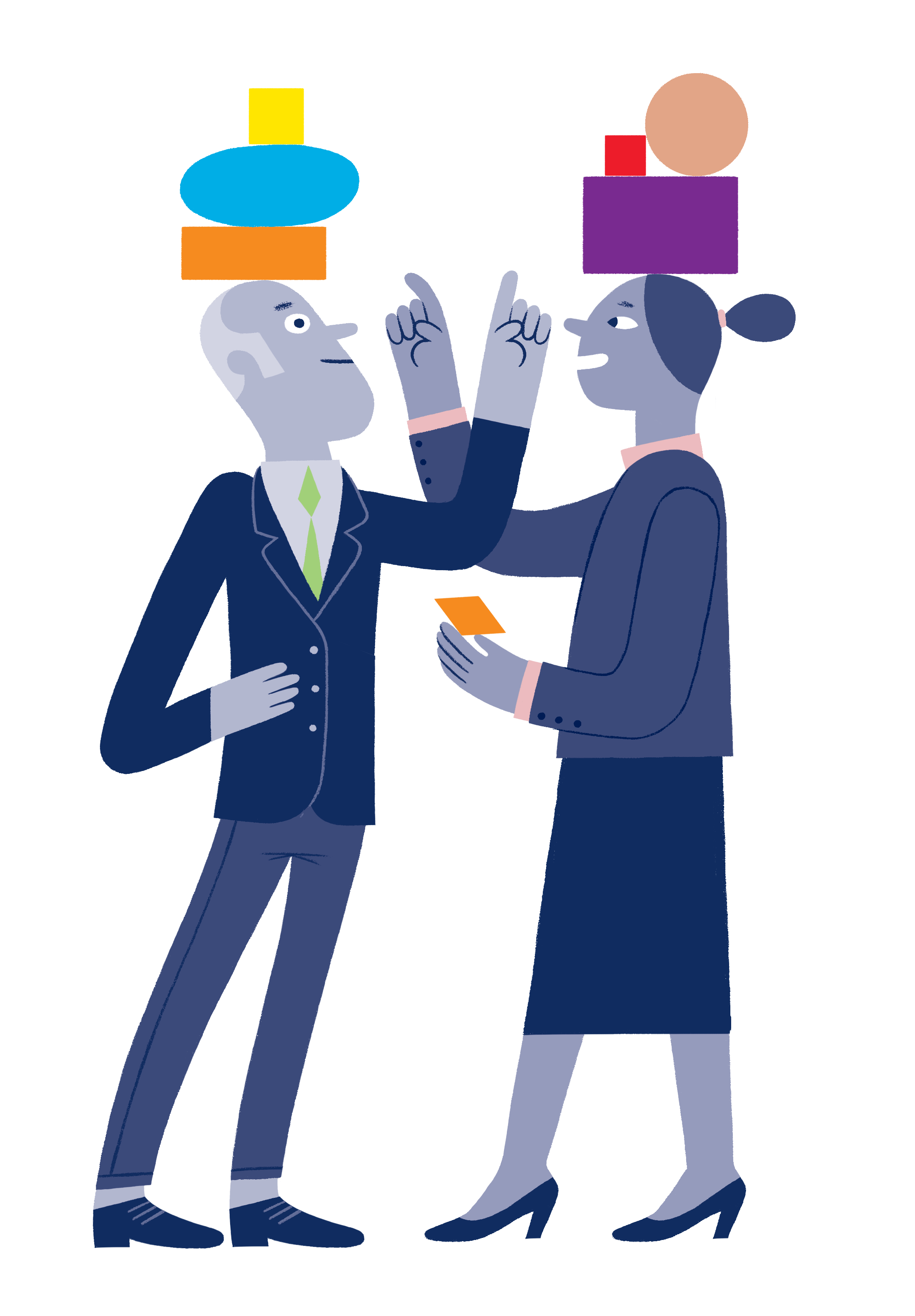 Illustration de trois personnes et un chien en discussion, avec un fond coloré et un style abstrait.