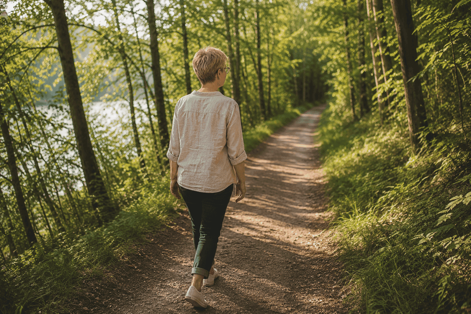 Une femme marche sur un chemin forestier, symbole du ralentissement, du souffle et d'un nouvel élan.