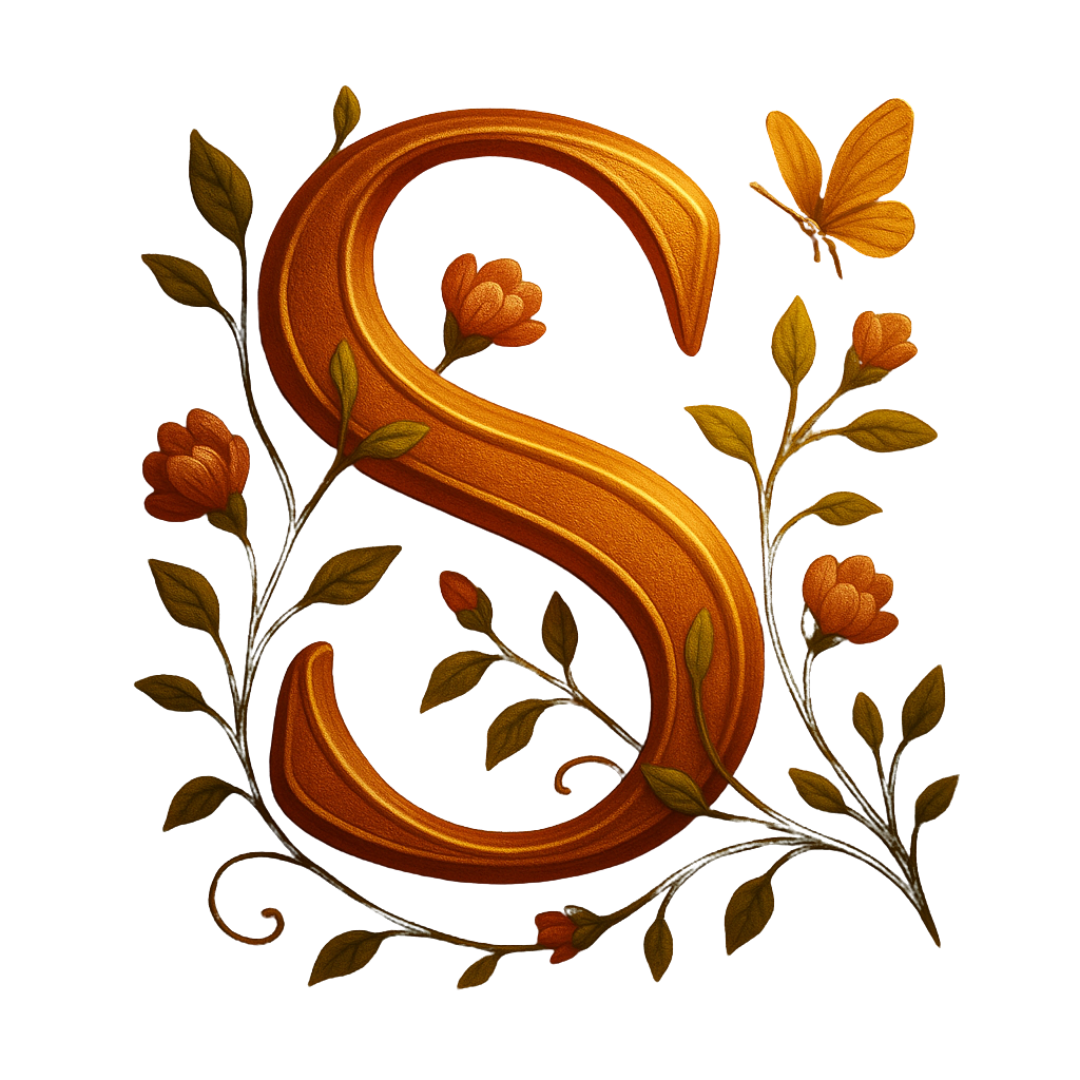Une grande lettre S en style or, entourée de fleurs oranges et de papillons orange décoratifs.