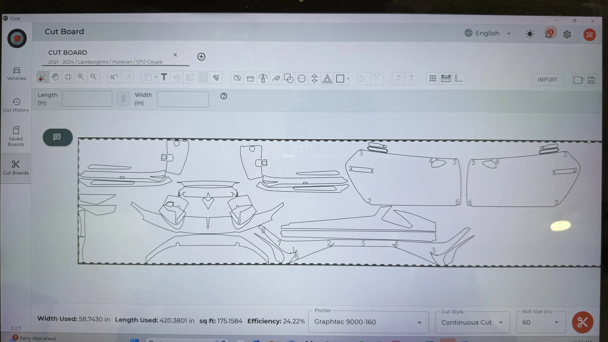 Digital cut board layout for a Lamborghini Huracan STO, showing various numbered paper templates arranged for a custom car paint or decal application.
