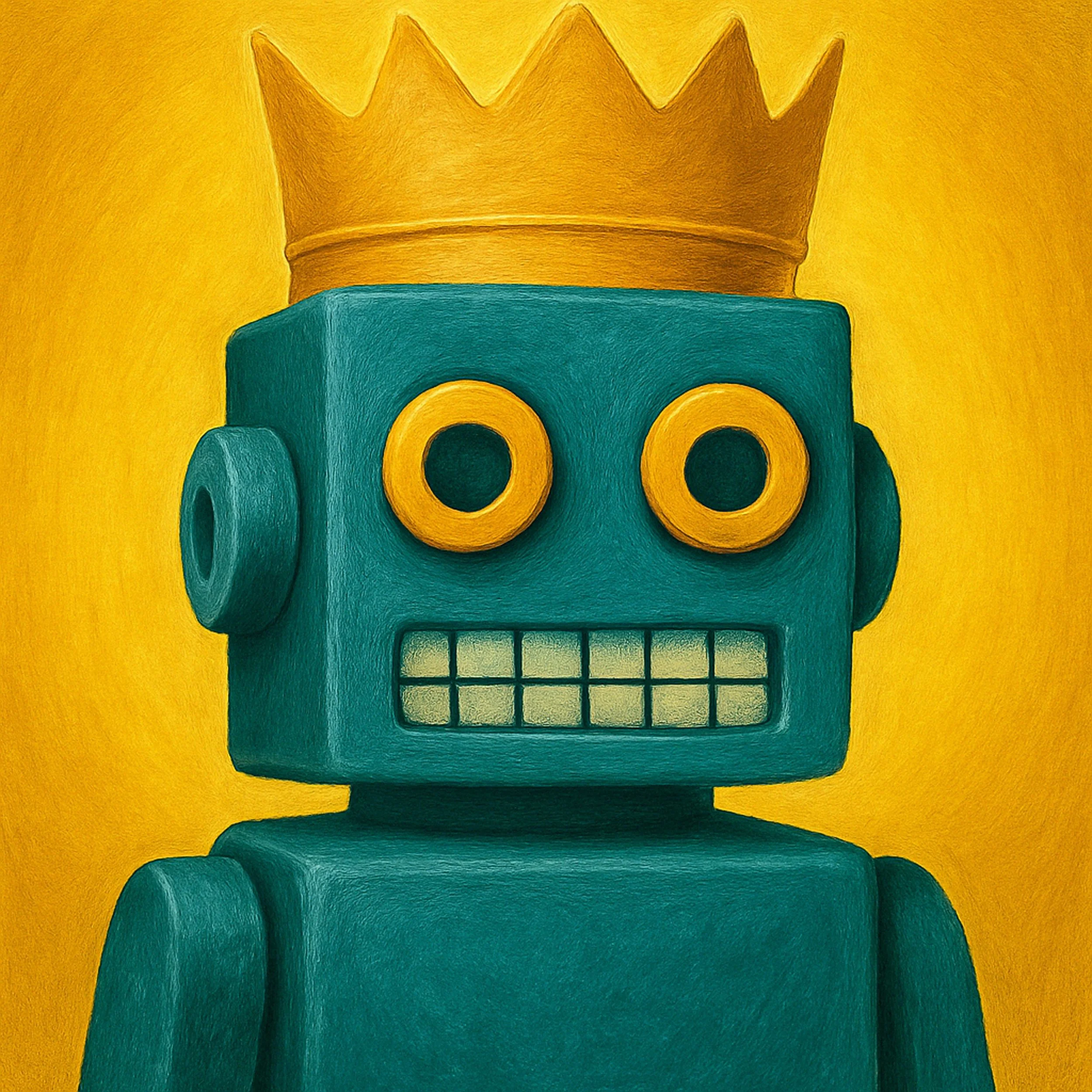 A mint green robot with yellow eyes and a yellow crown on its head against a bright yellow background.