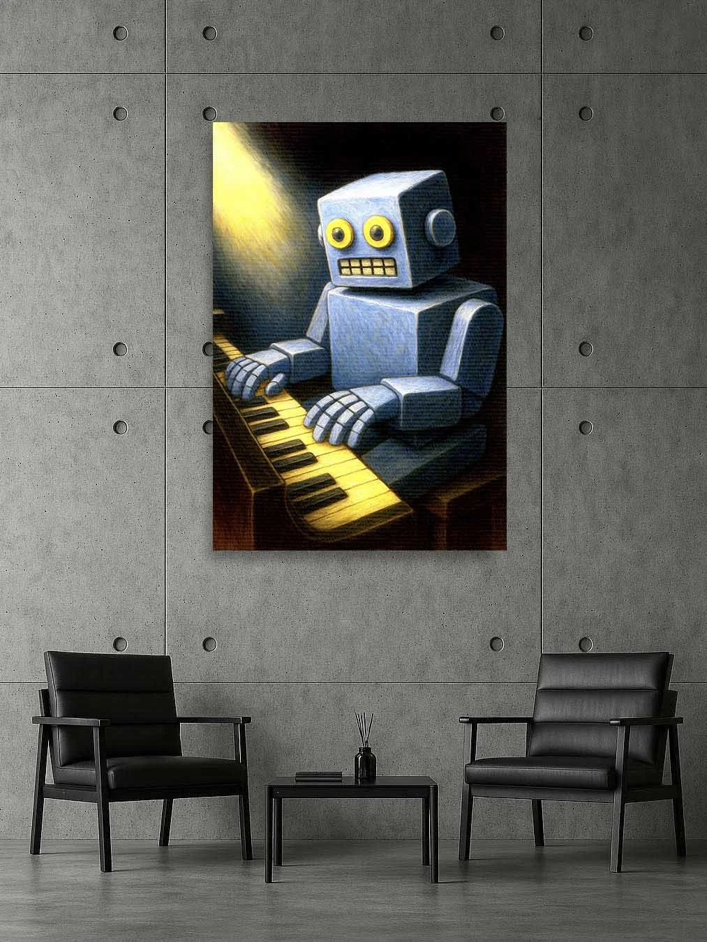Luxury interior with concrete wall, two black leather chairs, and Piano King canvas wall art featuring a blue robot playing piano under a spotlight.