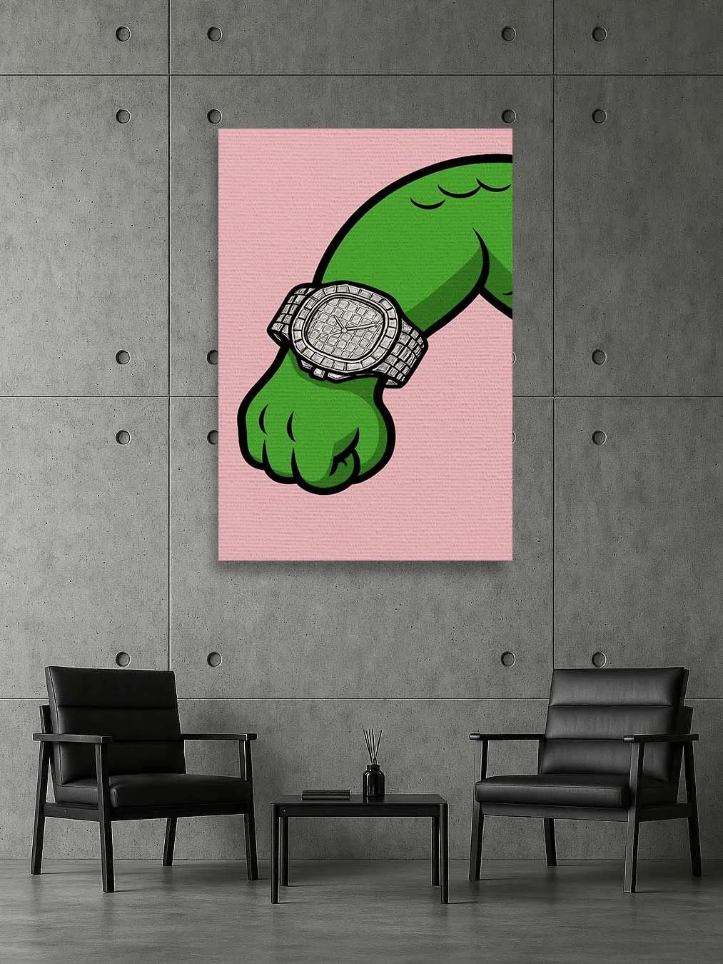 Pop-art canvas of a green crocodile fist wearing a diamond watch on a pink background, displayed on a modern concrete wall between two black leather chairs.