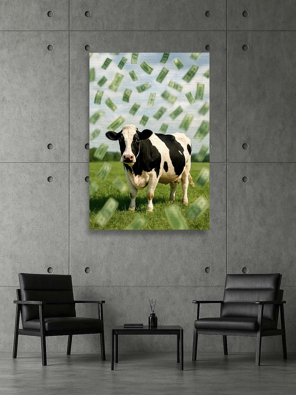 Canvas wall art mockup featuring a black-and-white cow standing in a green field with money raining down, displayed on a concrete wall between two modern black chairs.