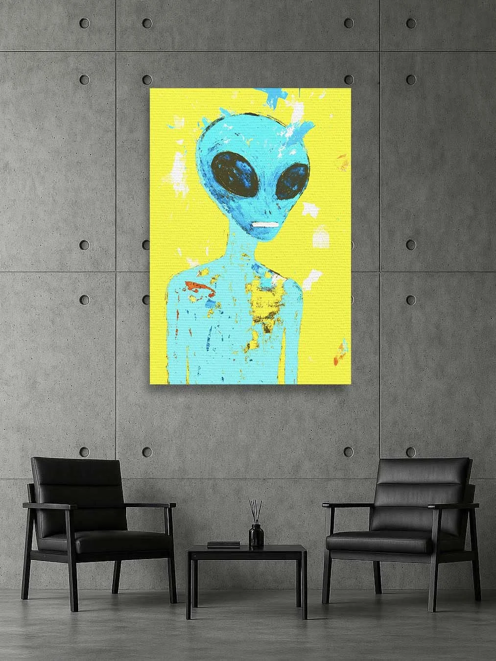 Modern industrial room with concrete walls featuring colorful alien artwork in blue and yellow, displayed above two black leather chairs.