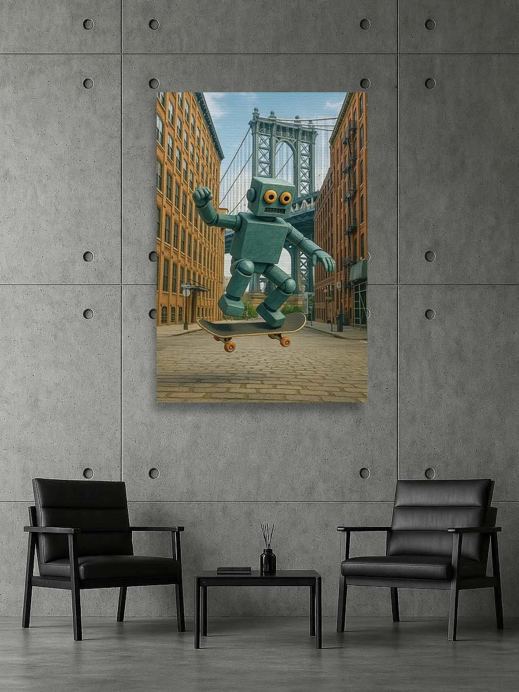 Robot King skateboarding in Dumbo Brooklyn NY wall art mockup.