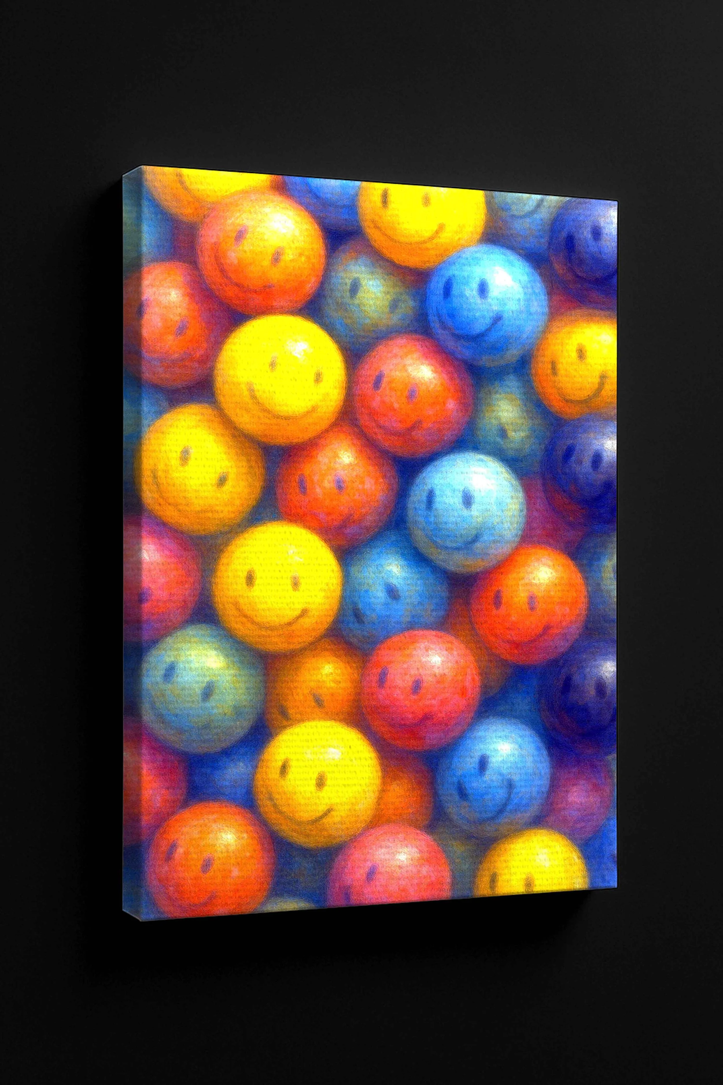 All Smiles” colorful pop-art canvas displayed at an angle against a black wall.