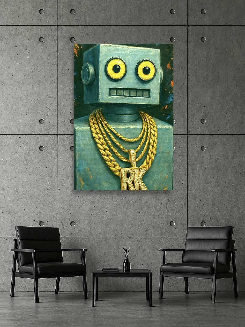 Canvas wall art mockup of Robot King portrait with gold chains in modern concrete room with 2 black chairs.