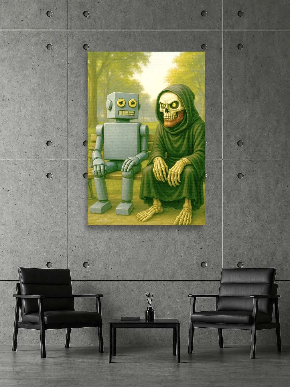 Modern canvas wall art featuring Robot King and the Reaper in a soft surreal forest setting, styled in a concrete-wall lounge. Contemporary digital art print for fans of modern wall decor, surreal artwork, and House of Art canvas pieces.