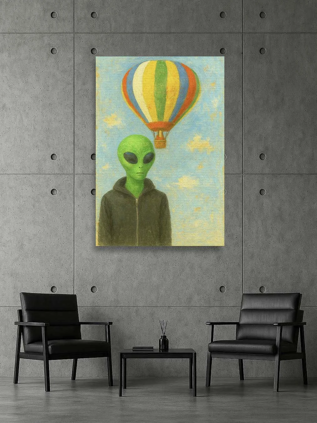 “Lift Off” alien artwork canvas displayed on a concrete wall between two black chairs.