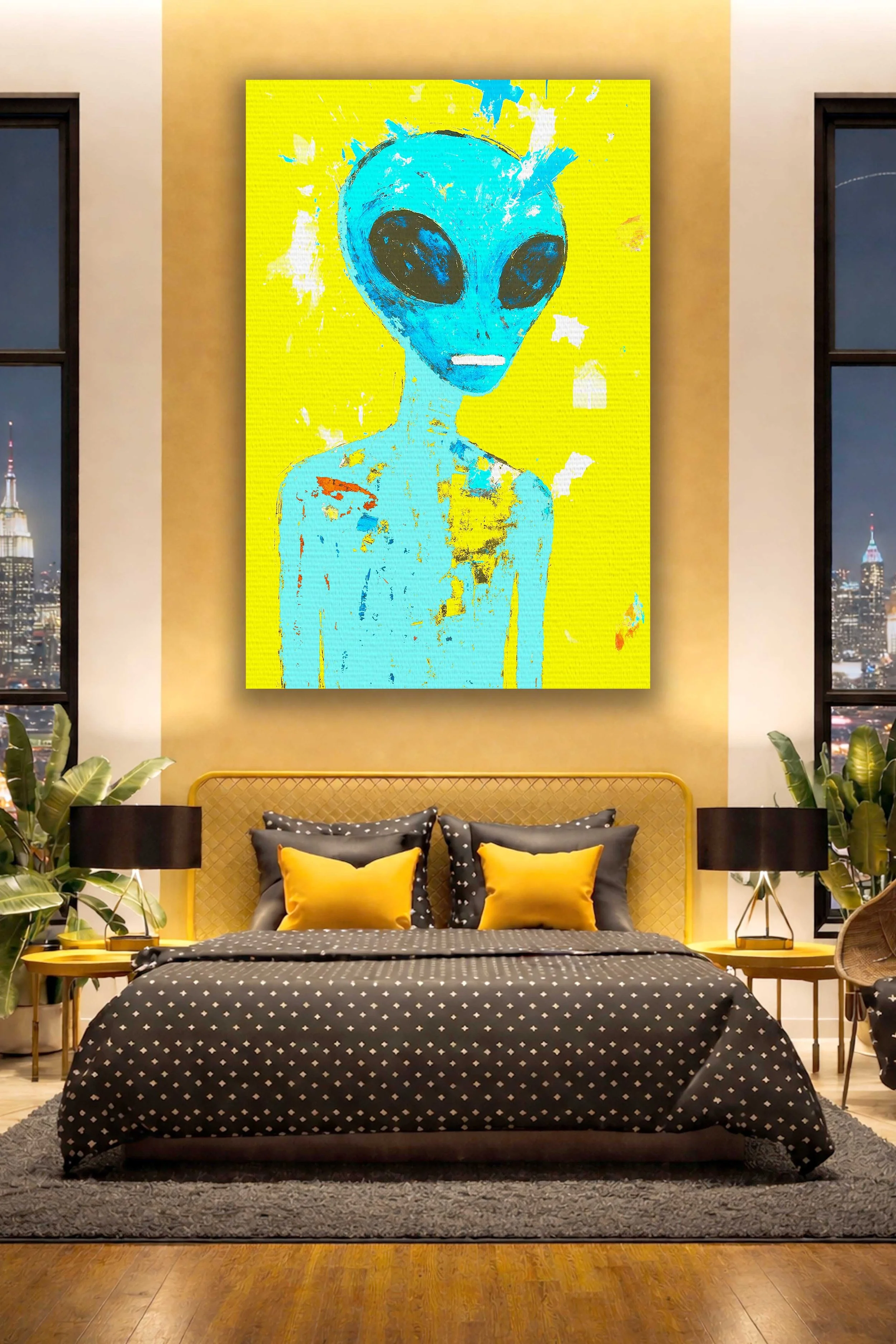 Wall art mockup featuring blue alien on yellow canvas.