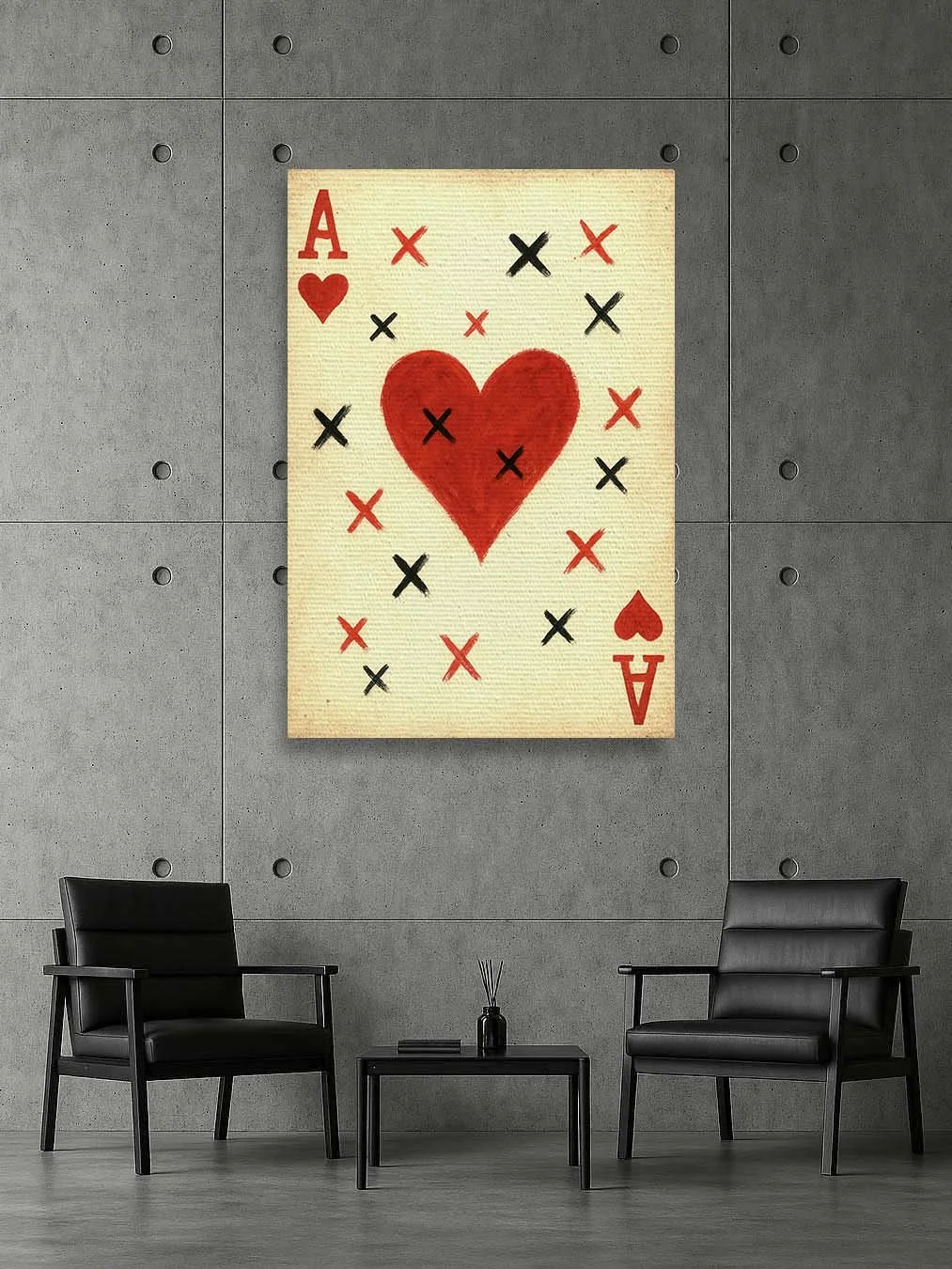 Ace of hearts canvas with bold red heart marked by black and red X’s, blending vintage playing-card style with modern pop-art graffiti energy.